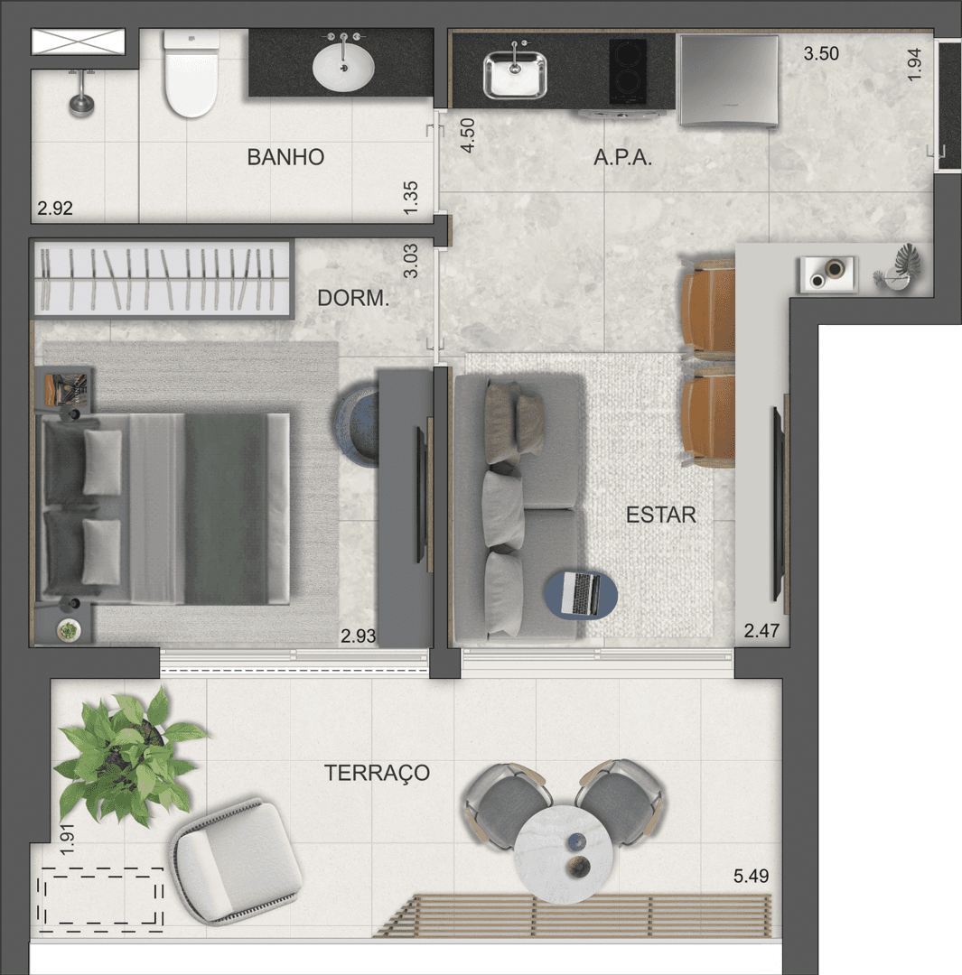 Planta apto. de 1 dorm. de 44 m² - final 14