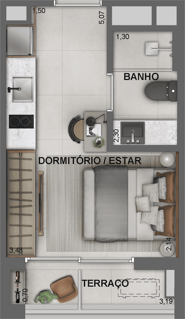 Perspectiva ilustrada da planta studio