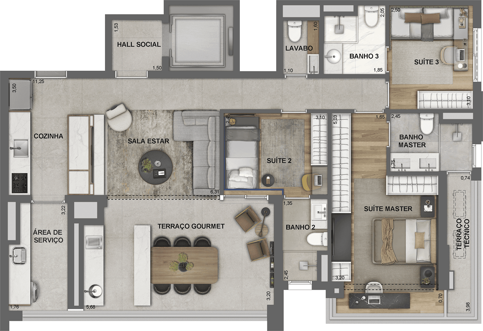 Perspectiva ilustrada da planta tipo de 119 m²