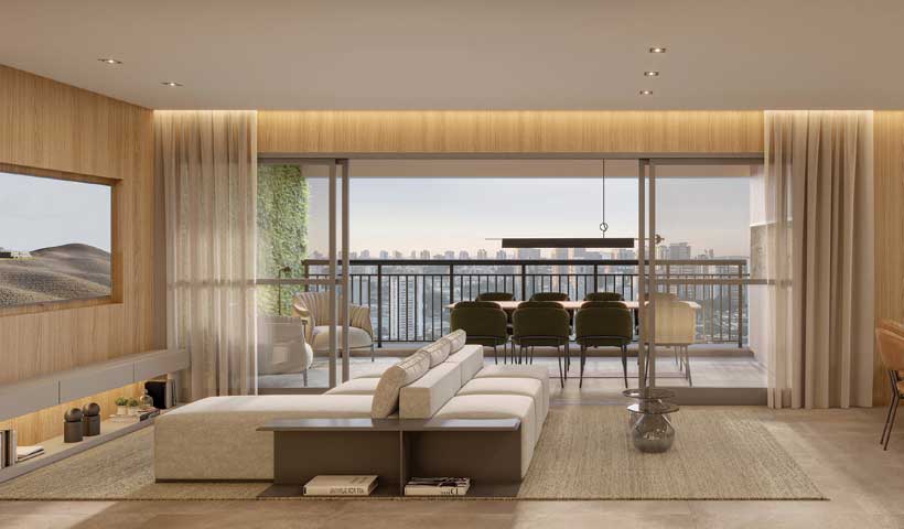 PERSPECTIVA ILUSTRADA DO LIVING DO APTO. OPÇÃO DE 135 M² - FINAL 03 - TORRE A, TORRE C E TORRE B