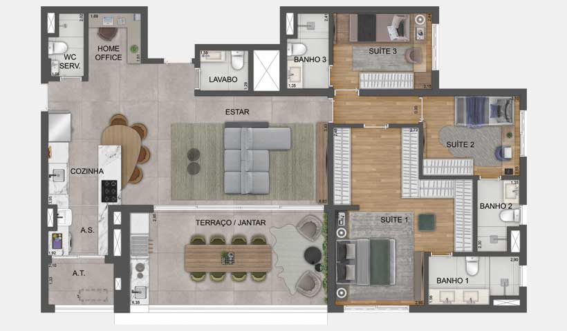 PLANTA OPÇÃO DE 135 M² - FINAL 03 - TORRE A, TORRE C E TORRE B