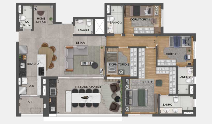 PLANTA TIPO DE 135 M² - FINAL 03 - TORRE A, TORRE C E TORRE B