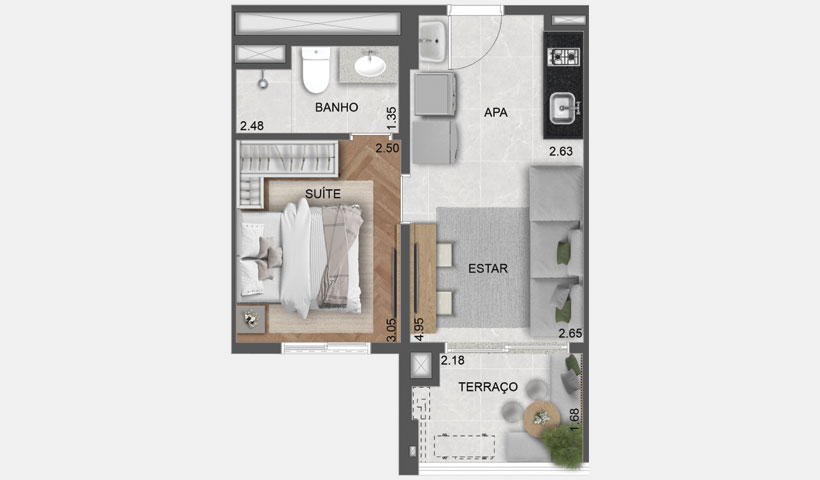 Villares Parada Inglesa – Planta da unidade de 32 m² - 8º ao 18º pav.