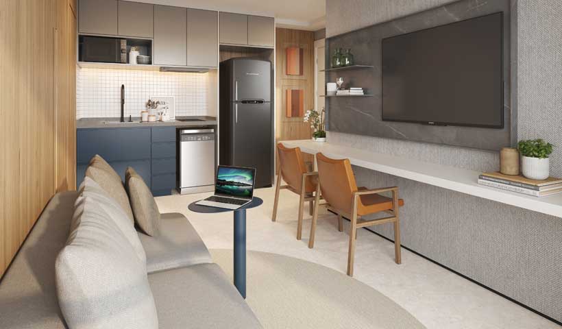 PERSPECTIVA ILUSTRADA DO LIVING DO APTO. DE 1 DORM. DE 44 M² - FINAL 14