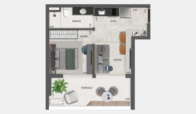 PLANTA APTO. DE 1 DORM. DE 44 M² - FINAL 14
