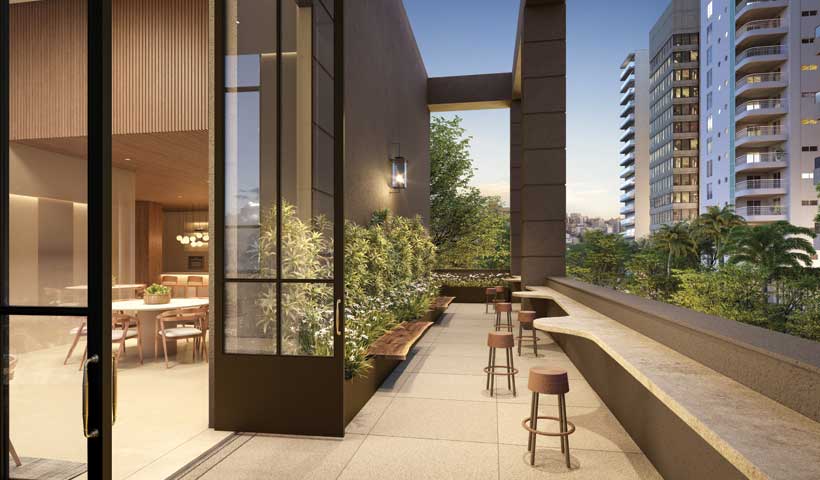 Perspectiva ilustrada do salão de festas externo