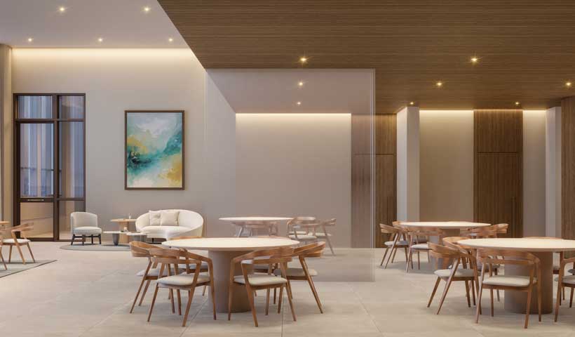 Perspectiva ilustrada do salão de festas