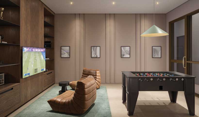 Perspectiva ilustrada do salão de jogos