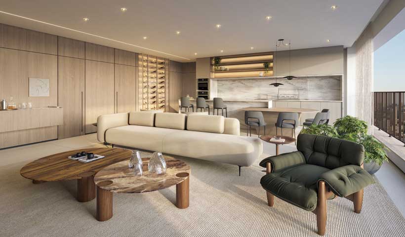 Perspectiva ilustrada do living do apto. de 180 m²