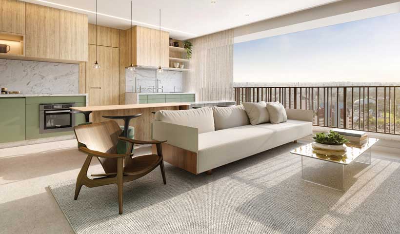 Perspectiva ilustrada do living do apto. de 98 m²