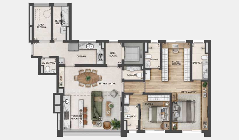 Planta de 133 m² - cozinha fechada