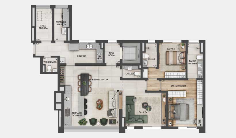 Planta de 133 m² - 2 suítes