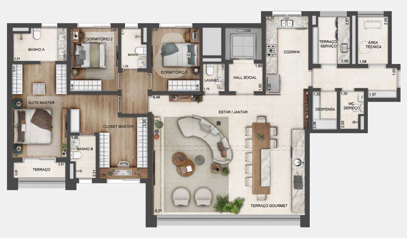 Planta de 180 m² - 3 dormitórios