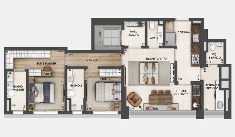 Planta de 98 m² - 2 suítes