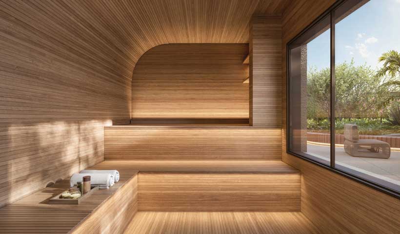 Perspectiva ilustrada do spa (saunas e ducha)