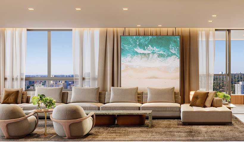 Perspectiva ilustrada do living do duplex de 420 m²