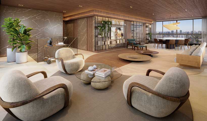 Perspectiva ilustrada do living do duplex de 571 m²