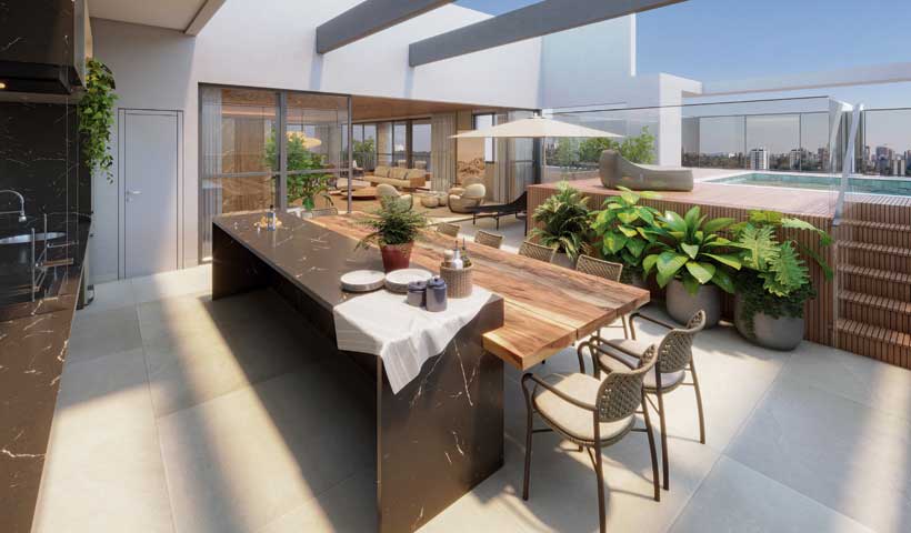 Perspectiva ilustrada do terraço do duplex de 571 m²