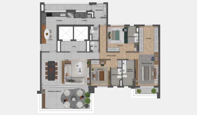 Planta tipo do apto. de 215 m² - 3 suítes