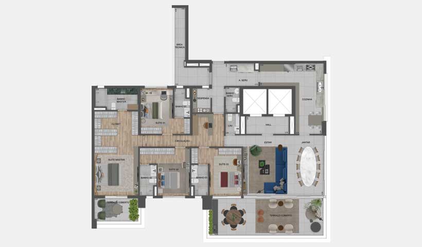 Planta tipo do apto. de 290 m² - 4 suítes