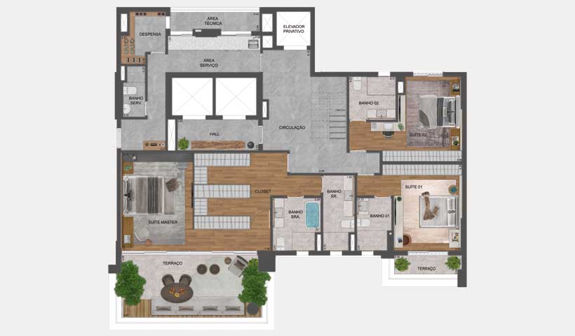 Planta do apto. duplex de 420 m² - inferior