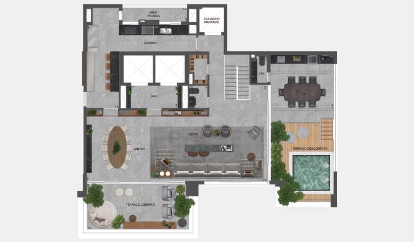 Planta do apto. duplex de 420 m² - superior