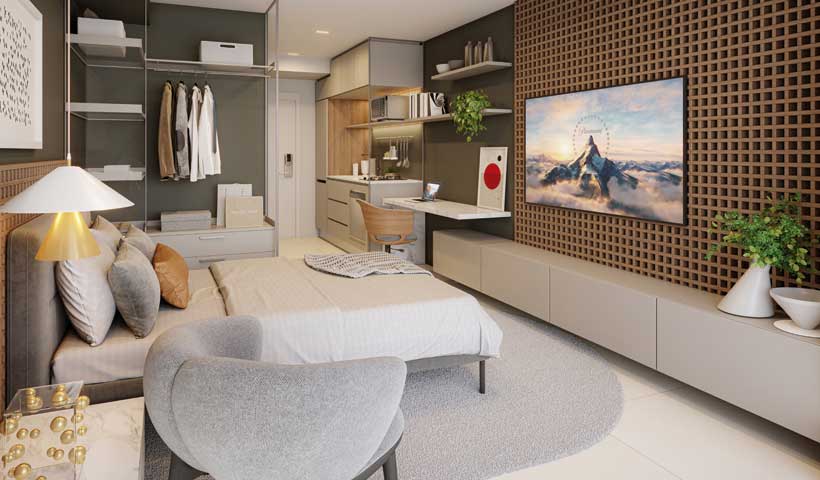 Perspectiva ilustrada – Living do Studio residencial de 28 m² - Final 29