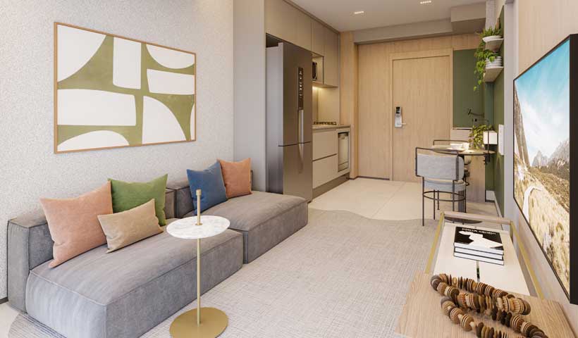 Perspectiva ilustrada – Living do apto. residencial de 1 dorm. - 34 m² - Final 20
