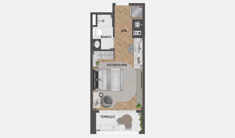 Planta Studio residencial de 28 m² - Final 29