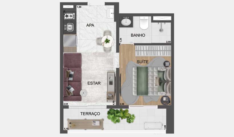 Planta 1 dorm. residencial de 34 m² - Final 20