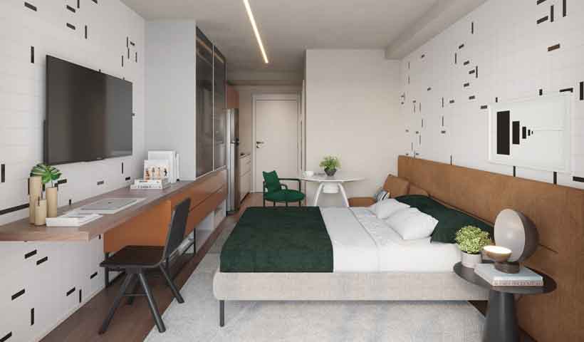 Perspectiva ilustrada do studio residencial de 28 m² - Final 03