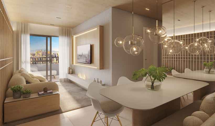 Perspectiva ilustrada do living do apto. de 72 m²