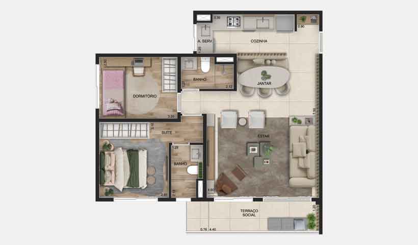 Planta Opção do apto. de 72 m²