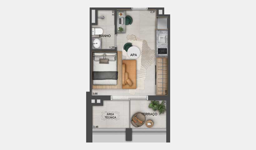 Planta do studio de 28 m²