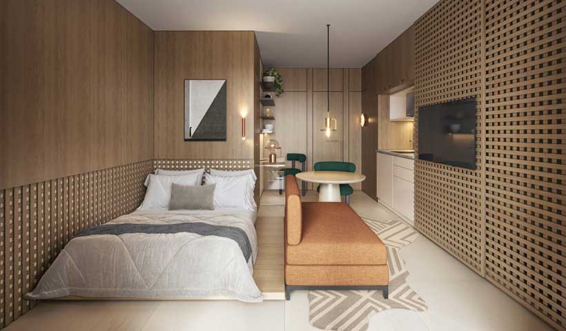 Perspectiva ilustrada do studio de 28 m²
