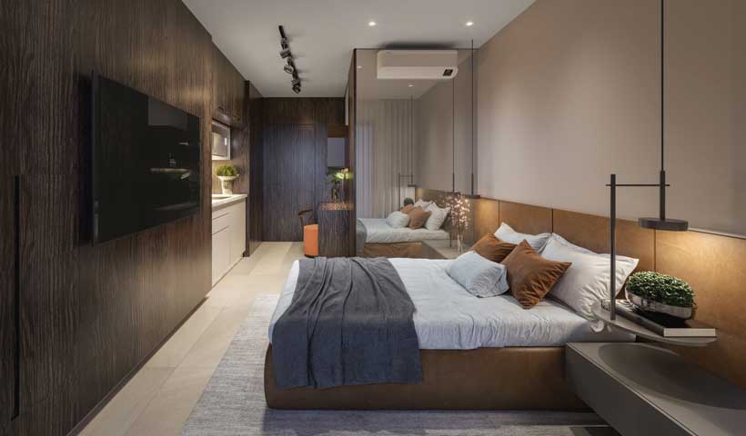 Perspectiva ilustrada do studio de 24 m²