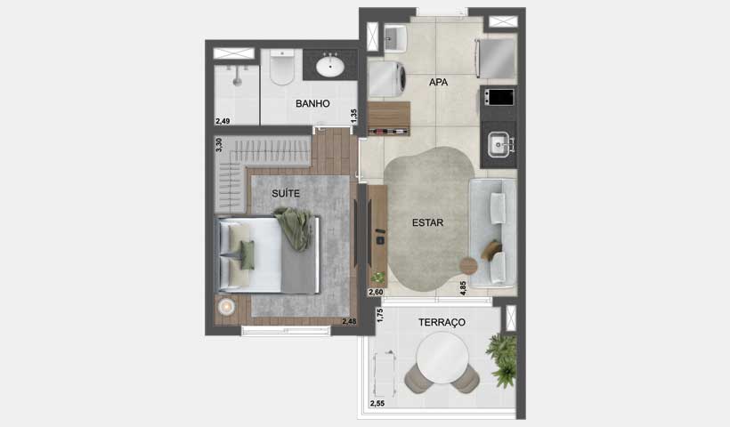 Planta tipo do apto. de 1 dorm. de 34 m² - Final 39