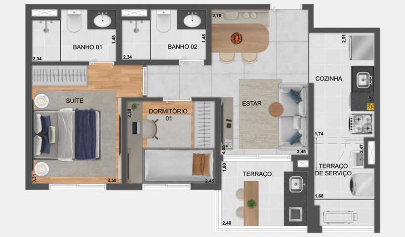 Planta tipo do apto. de 2 dorms. de 56 m² - Final 12