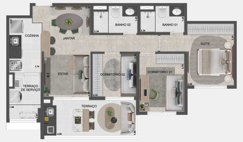 Planta tipo do apto. de 3 dorms. de 76 m² - Final 05
