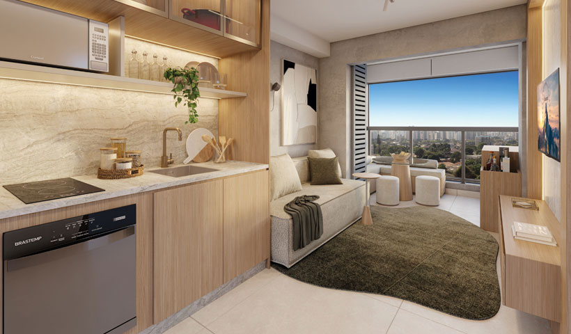 Perspectiva ilustrada do living do apto. tipo de 1 dorm. de 34 m² - Final 39