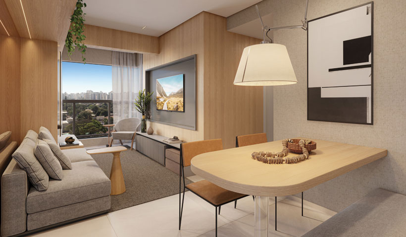 Perspectiva ilustrada do living do apto. tipo de 2 dorms. de 56 m² - Final 12