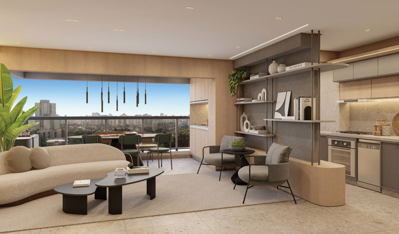 Perspectiva ilustrada do living do apto. opção de 2 dorms. de 76 m² - Final 05