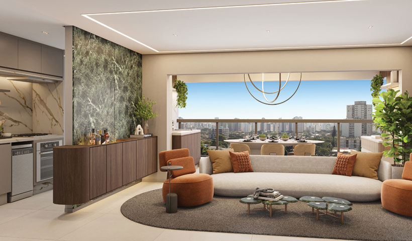 Perspectiva ilustrada do living do apto. opção de 2 suítes de 80 m² - Final 02