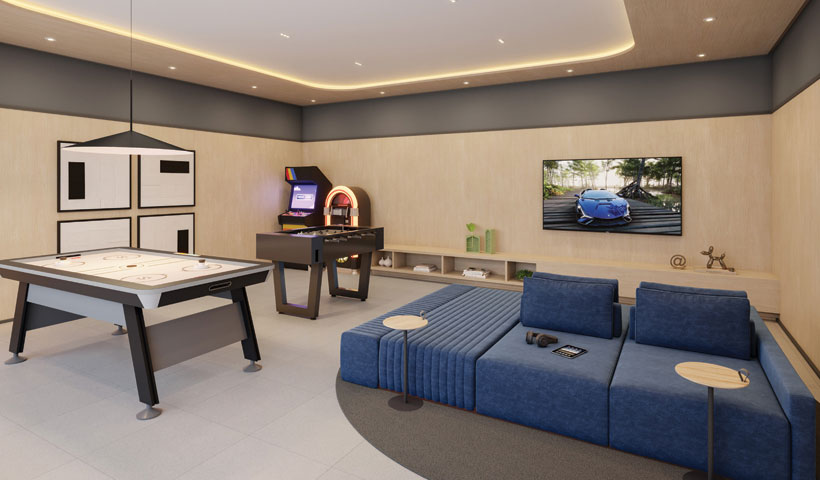 Perspectiva ilustrada do salão de jogos