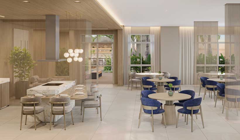 Perspectiva ilustrada do salão de festas