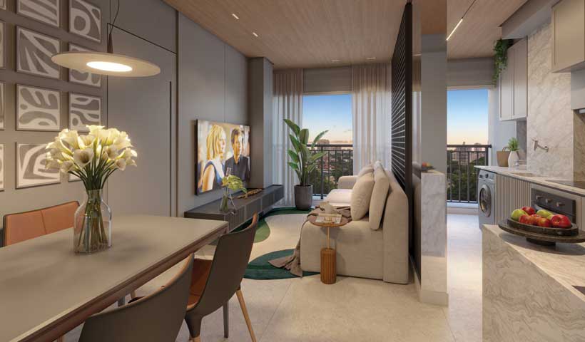 Perspectiva ilustrada do living do apto. 59 m²