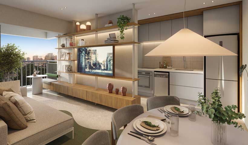 Perspectiva ilustrada do living do apto. 68 m²