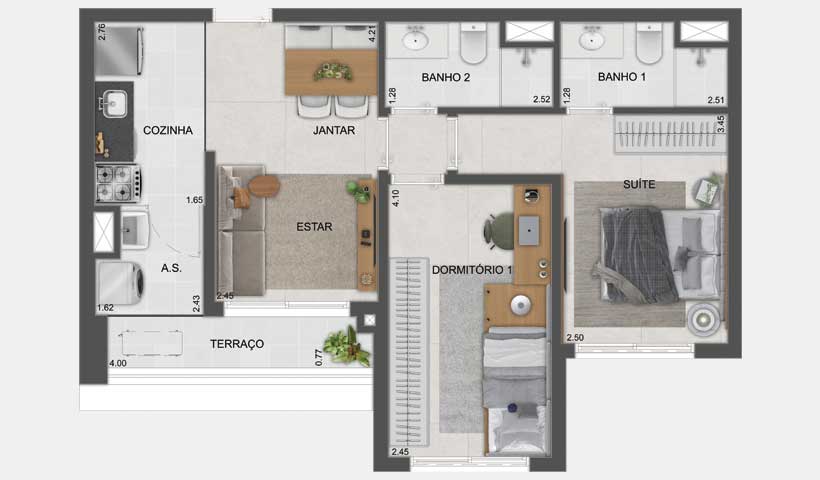Planta tipo do apto. de 59 m² - 2 dorms.