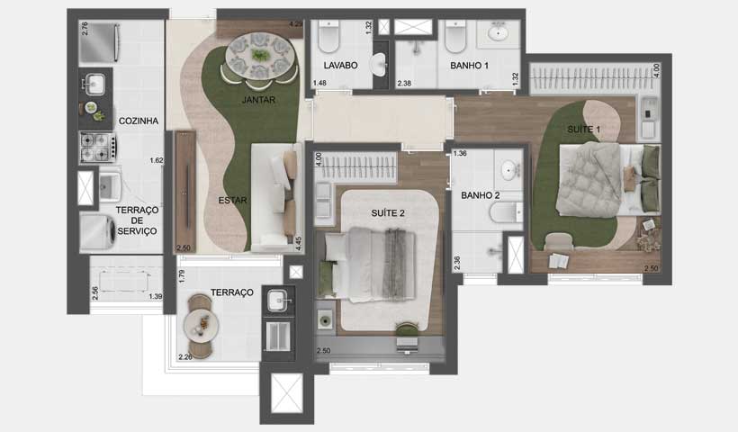 Planta tipo do apto. de 68 m² - 2 suítes