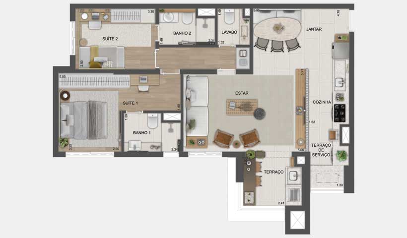 Planta opção do apto. de 89 m² - 2 dorms.